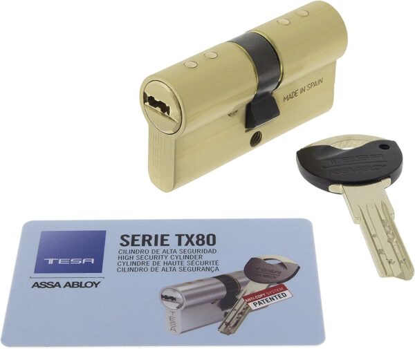 Tesa Assa Abloy, TX853035L, Cilindro de Alta Seguridad, TX80, Doble Embrague, Leva Larga, Llave - Llave, Latonado, 30 x 35 mm