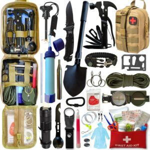 BIRKOSCH | Kit de Supervivencia Ultra Completo + Botiquín de Primeros Auxilios | Paja de Filtro - Mini Pala Plegable - Brújula - Pinzas multifuncionales - Herramientas y Accesorios Militares